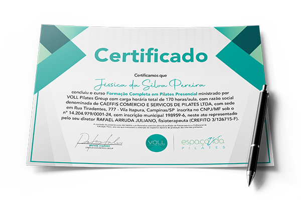 Certificado da Formação Presencial em Pilates do Espaço Vida Pilates