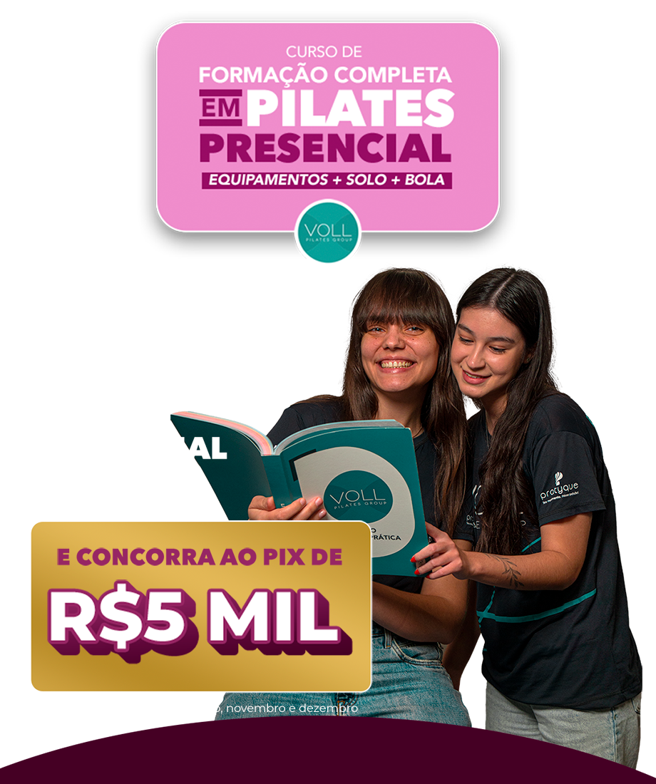 Curso de Formação Completa em Pilates Presencial com equipamentos, solo e bola e promoção PIX de R$ 5 mil